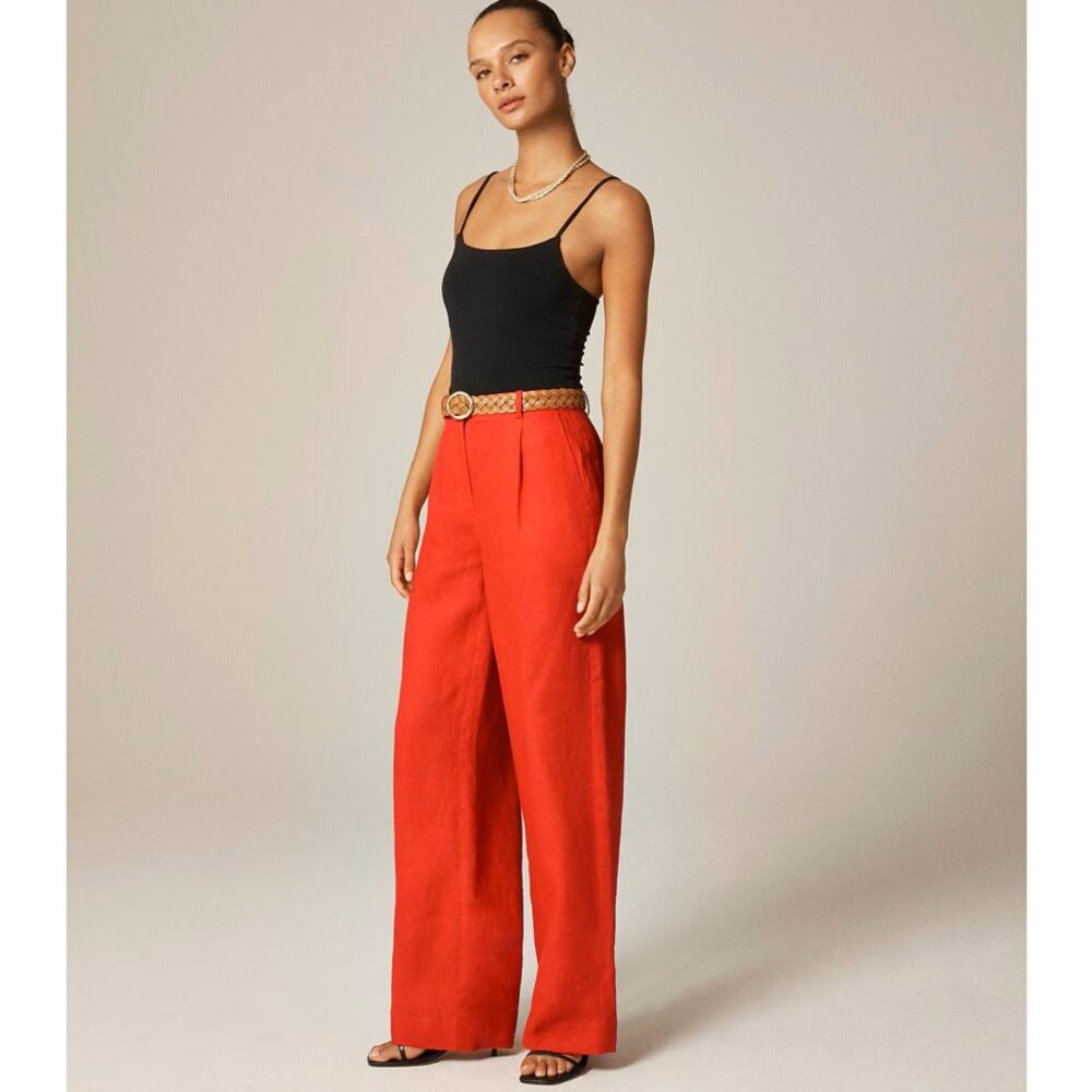 J.Crew Wide-leg Essential Linen Pants WMNS S Red Hi-Rise Zip Fly Pockets Trouser